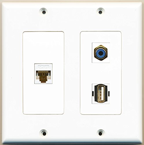 RiteAV - 1 Port RCA Blue 1 Port USB A-A 1 Port Cat6 Ethernet White - 2 Gang Wall Plate