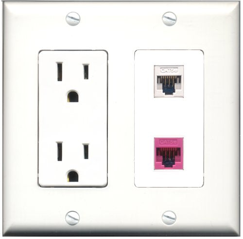 RiteAV - 15 Amp Power Outlet and 1 Port Cat5e Ethernet White and 1 Port Cat5e Ethernet Pink Decorative Type Wall Plate White
