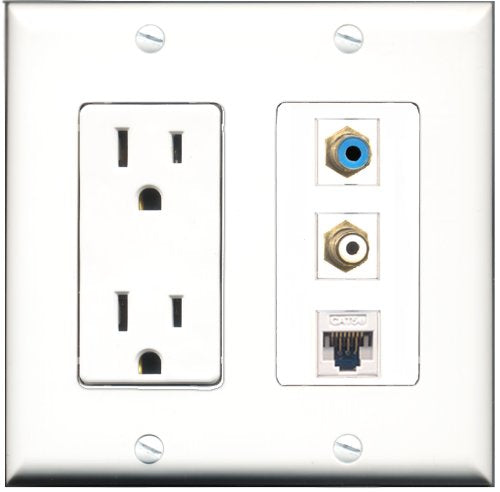 RiteAV - 15 Amp Power Outlet 1 Port RCA White 1 Port RCA Blue 1 Port Cat5e Ethernet White Decorative Wall Plate