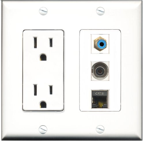 RiteAV - 15 Amp Power Outlet 1 Port RCA Blue 1 Port Shielded Cat6 Ethernet Ethernet 1 Port 3.5mm Decorative Wall Plate