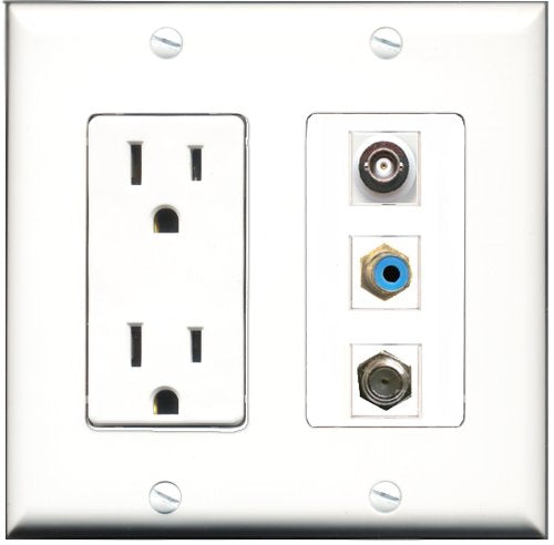 RiteAV - 15 Amp Power Outlet 1 Port RCA Blue 1 Port Coax 1 Port BNC Decorative Wall Plate
