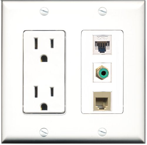 RiteAV - 15 Amp Power Outlet 1 Port RCA Green 1 Port Phone Beige 1 Port Cat5e Ethernet White Decorative Wall Plate