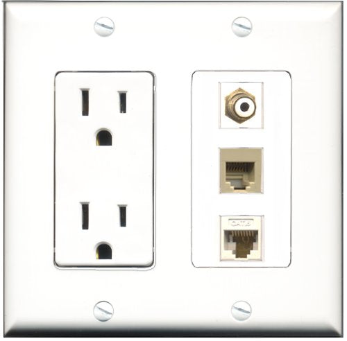 RiteAV - 15 Amp Power Outlet 1 Port RCA White 1 Port Phone Beige 1 Port Cat6 Ethernet Ethernet White Decorative Wall Plate