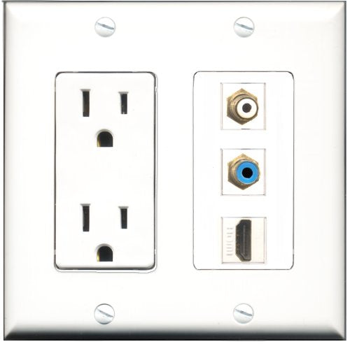 RiteAV - 15 Amp Power Outlet 1 Port HDMI 1 Port RCA White 1 Port RCA Blue Decorative Wall Plate