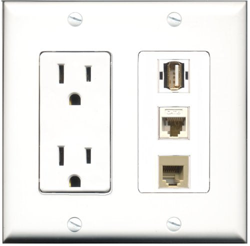 RiteAV - 15 Amp Power Outlet 1 Port USB A-A 1 Port Phone Beige 1 Port Cat6 Ethernet Ethernet White Decorative Wall Plate