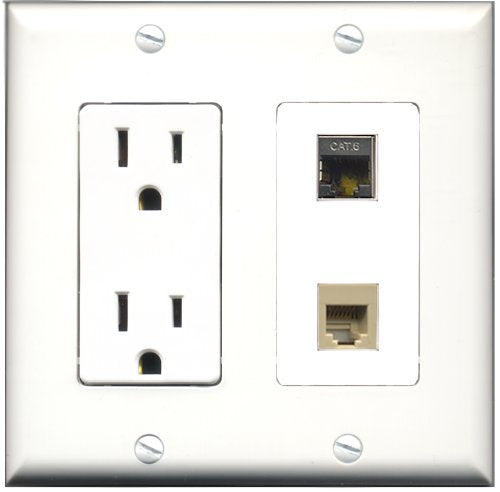 RiteAV - 15 Amp Power Outlet and 1 Port Phone RJ11 RJ12 Beige and 1 Port Shielded Cat6 Ethernet Decorative Type Wall Plate White