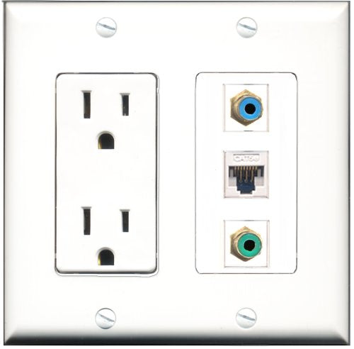 RiteAV - 15 Amp Power Outlet 1 Port RCA Green 1 Port RCA Blue 1 Port Cat5e Ethernet White Decorative Wall Plate