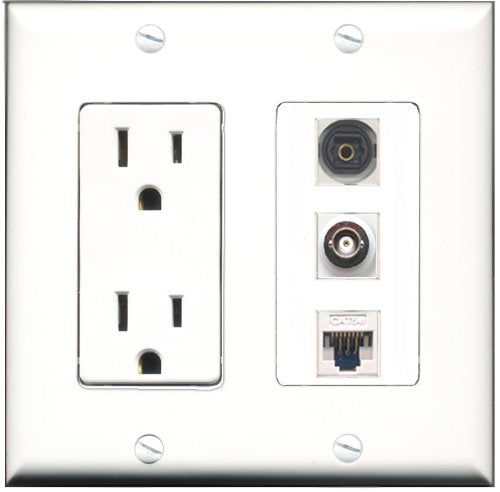RiteAV - 15 Amp Power Outlet 1 Port Toslink 1 Port BNC 1 Port Cat5e Ethernet White Decorative Wall Plate