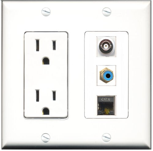 RiteAV - 15 Amp Power Outlet 1 Port RCA Blue 1 Port Shielded Cat6 Ethernet Ethernet 1 Port BNC Decorative Wall Plate