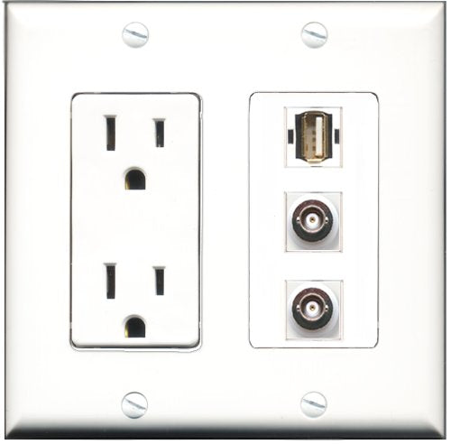 RiteAV - 15 Amp Power Outlet 1 Port USB A-A 2 Port BNC Decorative Wall Plate