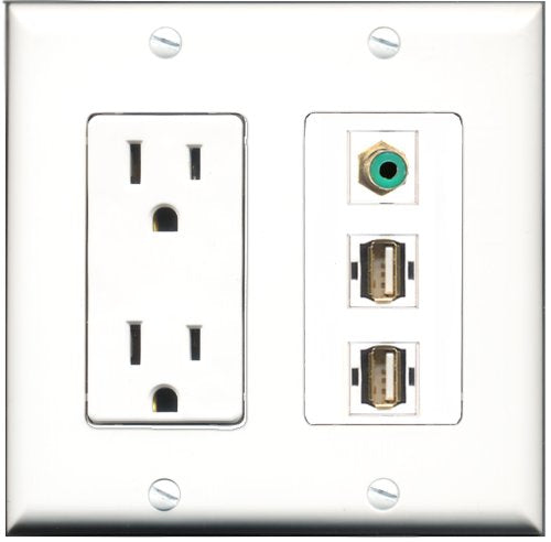 RiteAV - 15 Amp Power Outlet 1 Port RCA Green 2 Port USB A-A Decorative Wall Plate