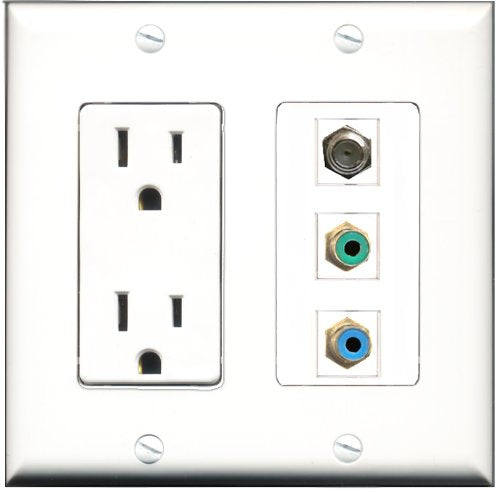 RiteAV - 15 Amp Power Outlet 1 Port RCA Green 1 Port RCA Blue 1 Port Coax Decorative Wall Plate