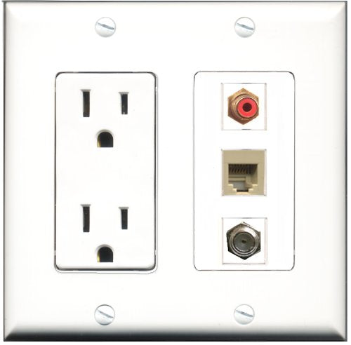 RiteAV - 15 Amp Power Outlet 1 Port RCA Red 1 Port Coax 1 Port Phone Beige Decorative Wall Plate