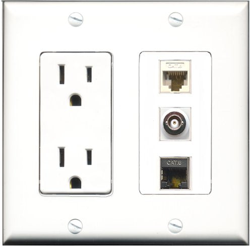 RiteAV - 15 Amp Power Outlet 1 Port Shielded Cat6 Ethernet Ethernet 1 Port BNC 1 Port Cat6 Ethernet Ethernet White Decorative Wall Plate