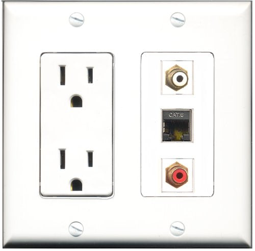 RiteAV - 15 Amp Power Outlet 1 Port RCA Red 1 Port RCA White 1 Port Shielded Cat6 Ethernet Ethernet Decorative Wall Plate