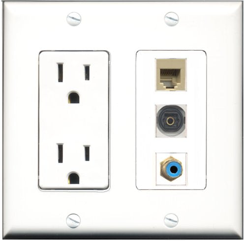 RiteAV - 15 Amp Power Outlet 1 Port RCA Blue 1 Port Phone Beige 1 Port Toslink Decorative Wall Plate