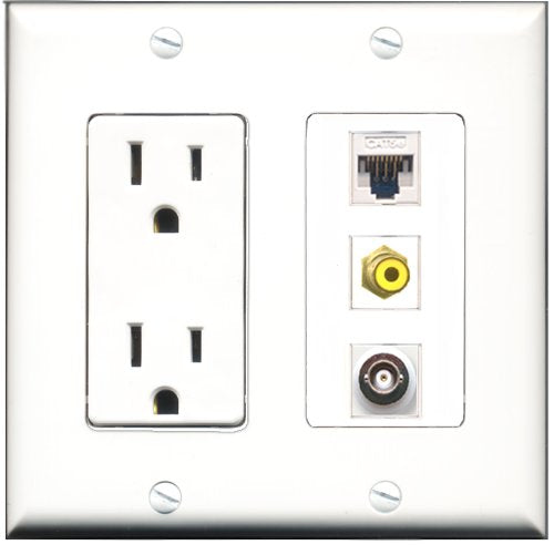RiteAV - 15 Amp Power Outlet 1 Port RCA Yellow 1 Port BNC 1 Port Cat5e Ethernet White Decorative Wall Plate