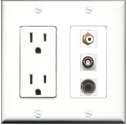 RiteAV - 15 Amp Power Outlet 1 Port RCA White 1 Port 3.5mm 1 Port BNC Decorative Wall Plate