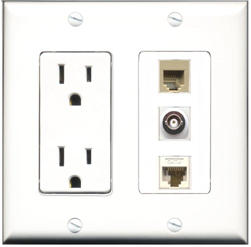 RiteAV - 15 Amp Power Outlet 1 Port Phone Beige 1 Port BNC 1 Port Cat6 Ethernet Ethernet White Decorative Wall Plate