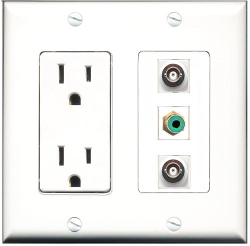 RiteAV - 15 Amp Power Outlet 1 Port RCA Green 2 Port BNC Decorative Wall Plate