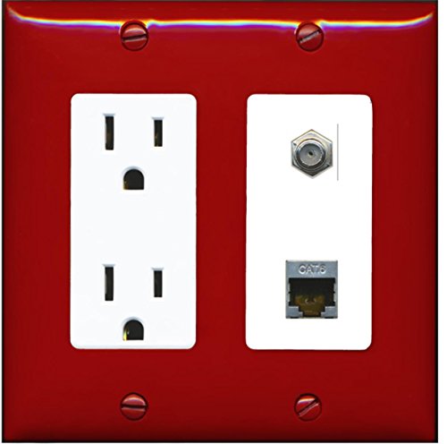 RiteAV - 15 Amp Power Outlet 1 Port Coax Cable TV- F-Type and Shielded Cat6 Ethernet Wall Plate - Red/White