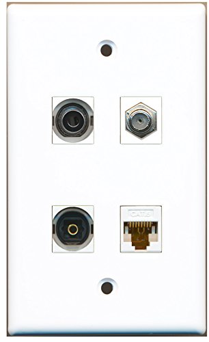 RiteAV - 1 Port Coax Cable TV- F-Type 1 Port Toslink 1 Port 3.5mm 1 Port Cat6 Ethernet White Wall Plate