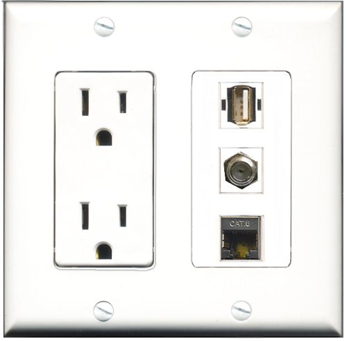 RiteAV - 15 Amp Power Outlet 1 Port Coax 1 Port USB A-A 1 Port Shielded Cat6 Ethernet Ethernet Decorative Wall Plate