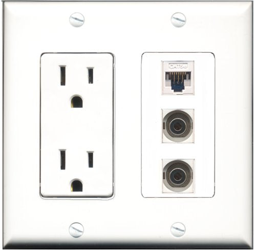 RiteAV - 15 Amp Power Outlet 2 Port 3.5mm 1 Port Cat5e Ethernet White Decorative Wall Plate