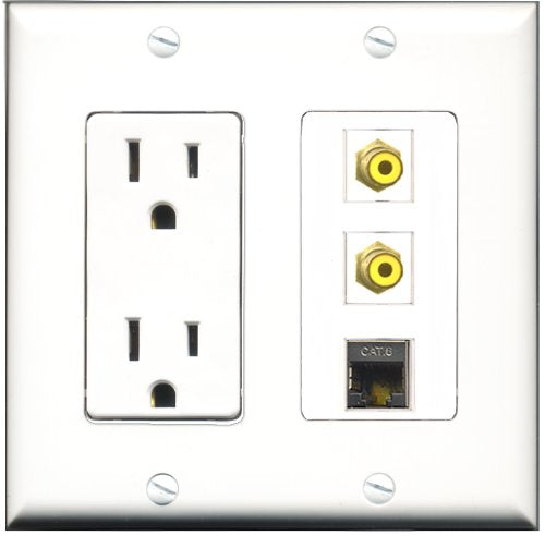 RiteAV - 15 Amp Power Outlet 2 Port RCA Yellow 1 Port Shielded Cat6 Ethernet Ethernet Decorative Wall Plate