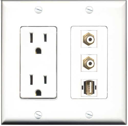 RiteAV - 15 Amp Power Outlet 2 Port RCA White 1 Port USB A-A Decorative Wall Plate