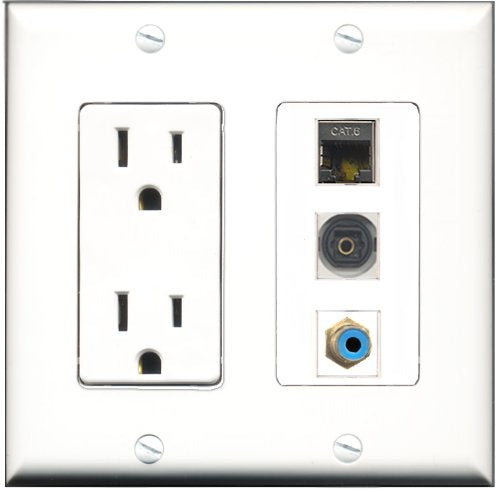 RiteAV - 15 Amp Power Outlet 1 Port RCA Blue 1 Port Shielded Cat6 Ethernet Ethernet 1 Port Toslink Decorative Wall Plate