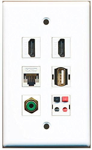 RiteAV - 2 HDMI 1 Port RCA Green 1 Port USB A-A 1 Port Cat5e Ethernet White 1 Port Speaker Wall Plate