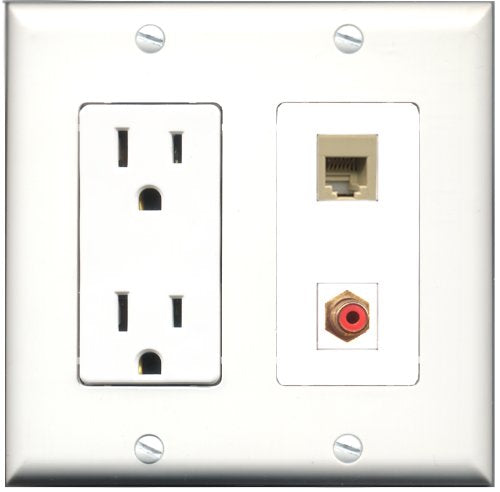 RiteAV - 15 Amp Power Outlet and 1 Port RCA Red and 1 Port Phone RJ11 RJ12 Beige Decorative Type Wall Plate White