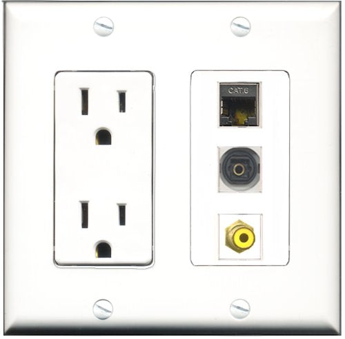 RiteAV - 15 Amp Power Outlet 1 Port RCA Yellow 1 Port Shielded Cat6 Ethernet Ethernet 1 Port Toslink Decorative Wall Plate