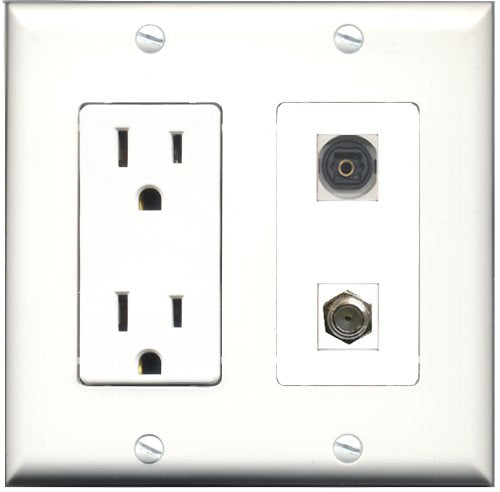 RiteAV - 15 Amp Power Outlet and 1 Port Coax Cable TV- F-Type and 1 Port Toslink Decorative Type Wall Plate White