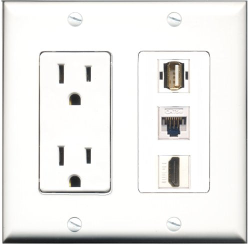 RiteAV - 15 Amp Power Outlet 1 Port HDMI 1 Port USB A-A 1 Port Cat5e Ethernet White Decorative Wall Plate