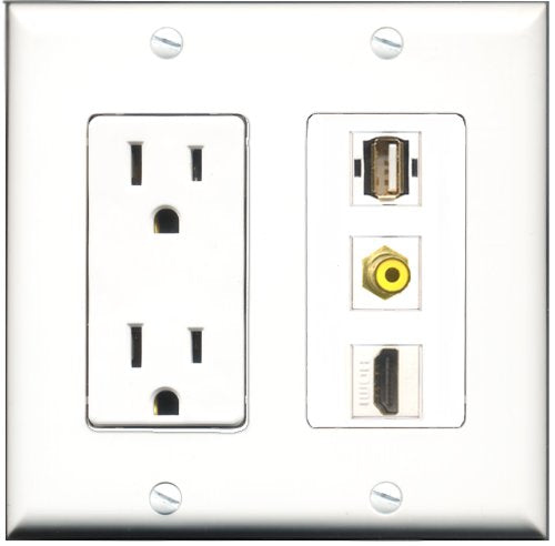 RiteAV - 15 Amp Power Outlet 1 Port HDMI 1 Port RCA Yellow 1 Port USB A-A Decorative Wall Plate
