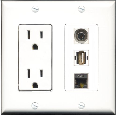 RiteAV - 15 Amp Power Outlet 1 Port USB A-A 1 Port Shielded Cat6 Ethernet Ethernet 1 Port 3.5mm Decorative Wall Plate