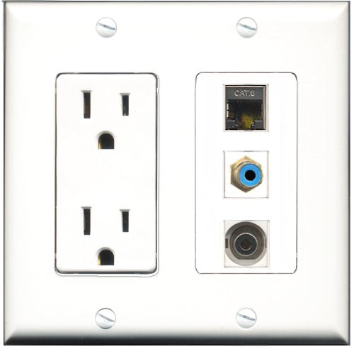 RiteAV - 15 Amp Power Outlet 1 Port RCA Blue 1 Port Shielded Cat6 Ethernet Ethernet 1 Port 3.5mm Decorative Wall Plate