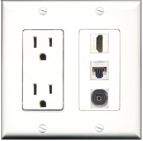RiteAV - 15 Amp Power Outlet 1 Port HDMI 1 Port Toslink 1 Port Cat5e Ethernet White Decorative Wall Plate