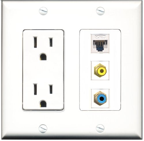 RiteAV - 15 Amp Power Outlet 1 Port RCA Yellow 1 Port RCA Blue 1 Port Cat5e Ethernet White Decorative Wall Plate