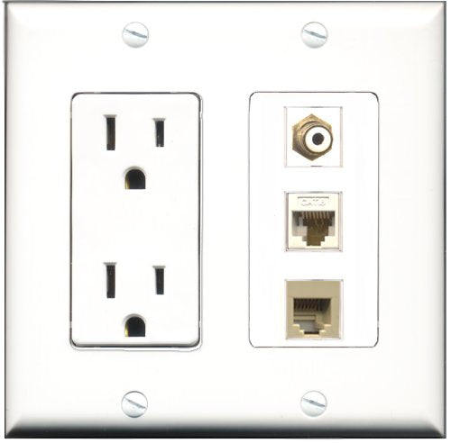 RiteAV - 15 Amp Power Outlet 1 Port RCA White 1 Port Phone Beige 1 Port Cat6 Ethernet Ethernet White Decorative Wall Plate