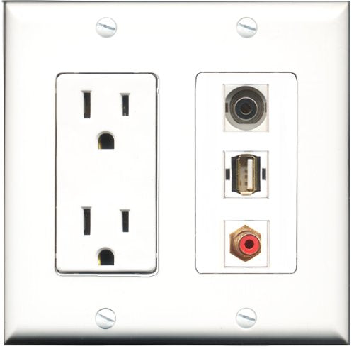 RiteAV - 15 Amp Power Outlet 1 Port RCA Red 1 Port USB A-A 1 Port 3.5mm Decorative Wall Plate
