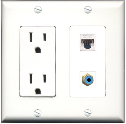RiteAV - 15 Amp Power Outlet and 1 Port RCA Blue and 1 Port Cat5e Ethernet White Decorative Type Wall Plate White