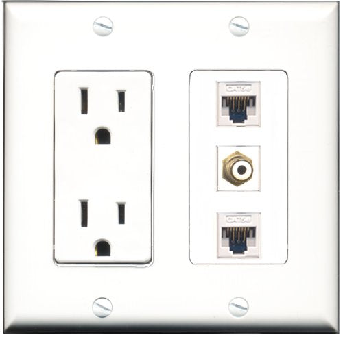 RiteAV - 15 Amp Power Outlet 1 Port RCA White 2 Port Cat5e Ethernet White Decorative Wall Plate