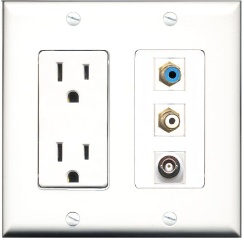 RiteAV - 15 Amp Power Outlet 1 Port RCA White 1 Port RCA Blue 1 Port BNC Decorative Wall Plate
