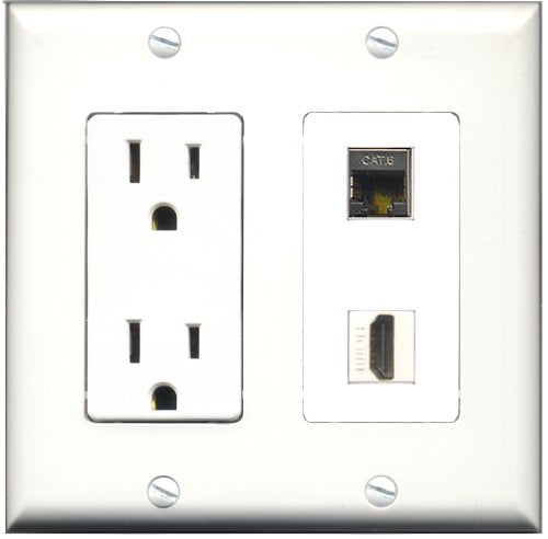RiteAV - 15 Amp Power Outlet and 1 Port HDMI and 1 Port Shielded Cat6 Ethernet Decorative Type Wall Plate White