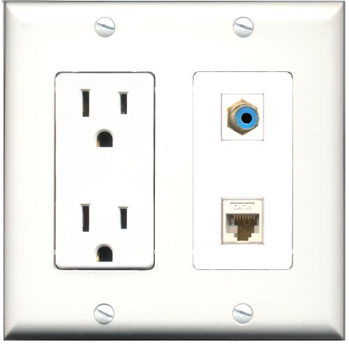 RiteAV - 15 Amp Power Outlet and 1 Port RCA Blue and 1 Port Cat6 Ethernet White Decorative Type Wall Plate White