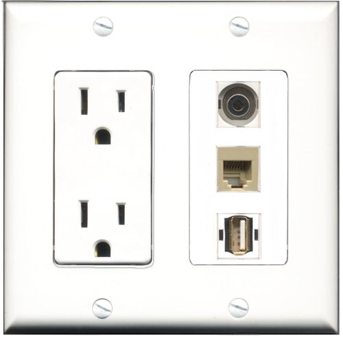 RiteAV - 15 Amp Power Outlet 1 Port USB A-A 1 Port Phone Beige 1 Port 3.5mm Decorative Wall Plate