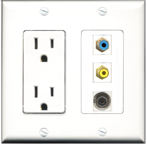 RiteAV - 15 Amp Power Outlet 1 Port RCA Yellow 1 Port RCA Blue 1 Port 3.5mm Decorative Wall Plate